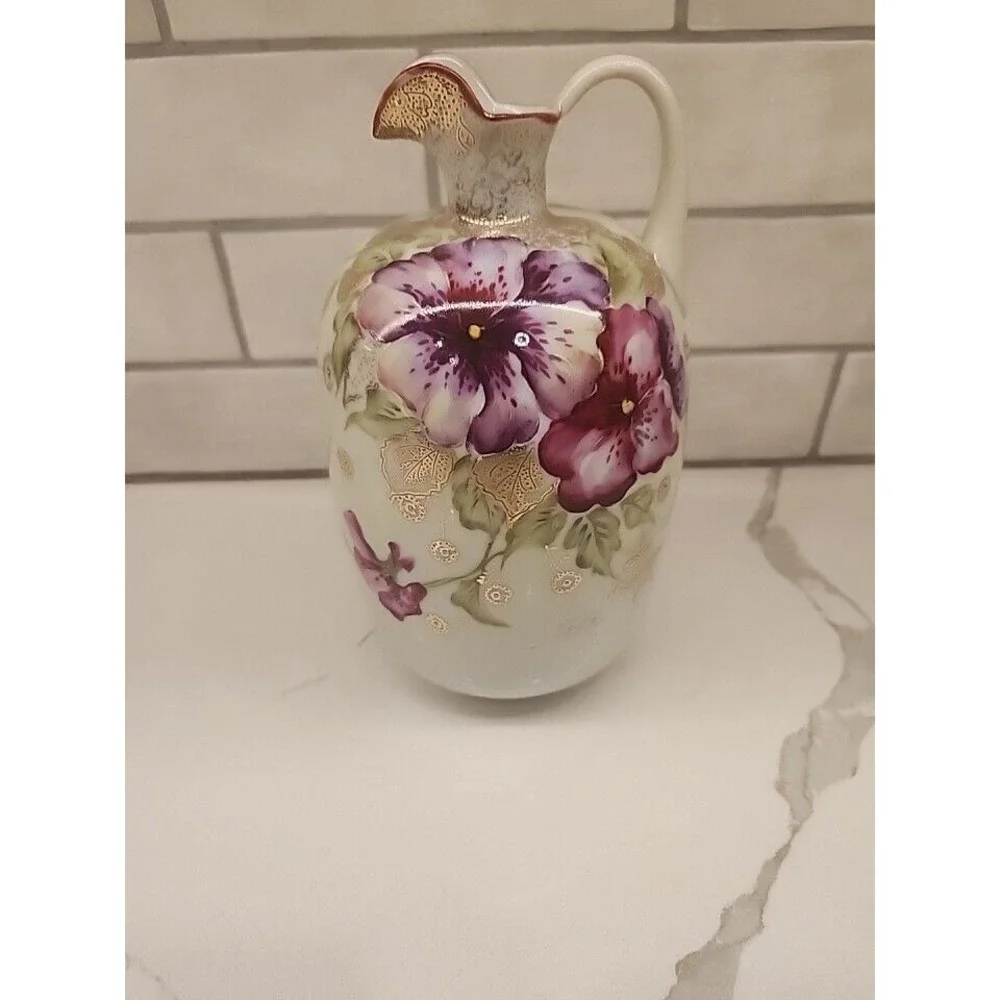 Vintage Hand Painted‎ Ceramic Pink Purple Floral Jug Ewer Gold Details Japan